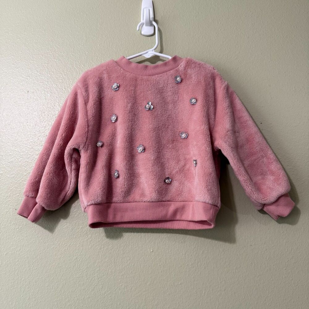 H&M Toddler Girls Pink Faux Fur Sequin Flower Sweatshirt - Size 4T